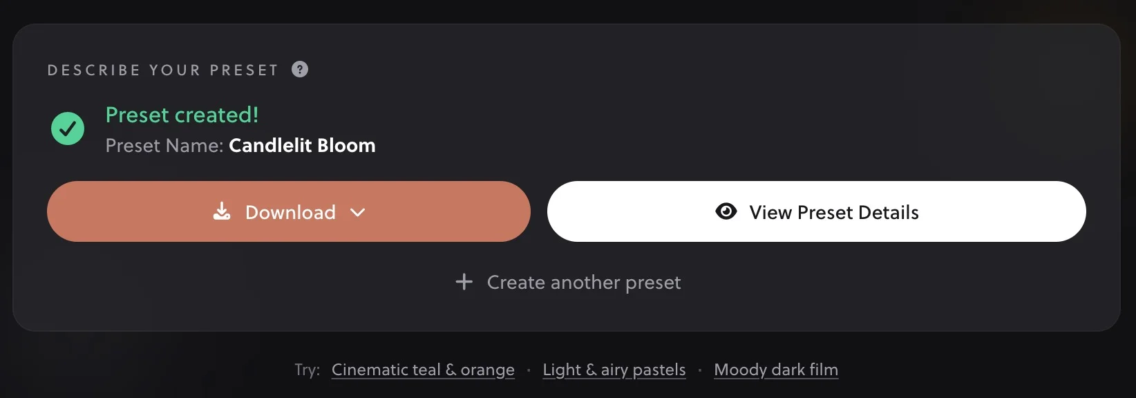Generated preset with download and view options